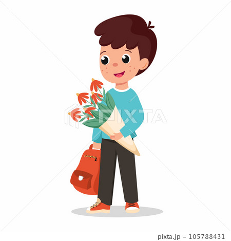 Cute boy with flowers and backpack. Illustration for first of September. Knowledge Day. 105788431