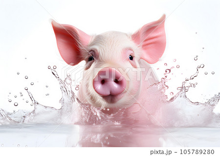 Pig dripping water splashes isolated on white background 105789280