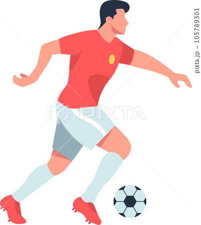 Soccer sport player vector illustration of a soccer player dribbling the ball. The soccer player is wearing a soccer uniform and cleats. 105789301