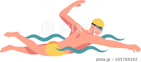 Swimming sport player vector illustration of a freestyle swimming athlete. The athlete is wearing a swim cap and goggles. 105789302