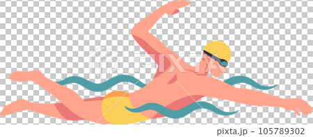 Swimming sport player vector illustration of a freestyle swimming athlete. The athlete is wearing a swim cap and goggles. 105789302