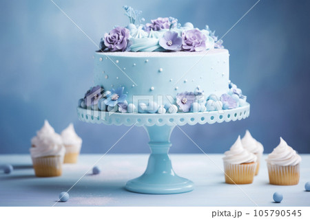 Blue cakes on a blue background. A variety of confectionery products. 105790545