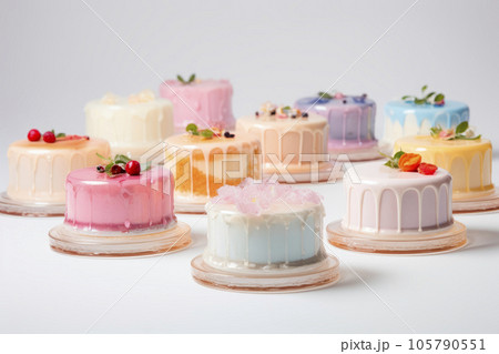 Beautiful multicolored confectionery. Beautiful cakes. Minimalism. 105790551