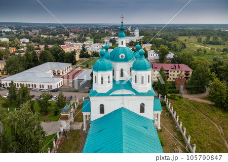 View of the Spassky Cathedral and the city of Yelabuga from the bell tower of the Spassky Cathedral on a sunny spring day. Yelabuga, Tatarstan, Russia View of the Spassky Cathedral and the city of Yelabuga from the bell tower of the Spassky Cathedral on a sunny spring day. Yelabuga, Tatarstan, Russia 105790847