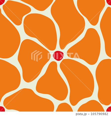 Abstract Daisy Seamless Pattern. Matisse curves aesthetic. Doodle flowers in Naive Hippie 1970 style. Groovy Floral Vector Illustration in orange and red colors for T-Shirts, Wallpaper, Case Phone. Abstract Daisy Seamless Pattern. Matisse curves aesthetic. Doodle flowers in Naive Hippie 1970 style. Groovy Floral Vector Illustration in orange and red colors for T-Shirts, Wallpaper, Case Phone. 105790982