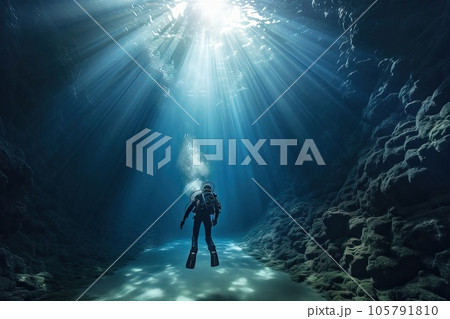 Diver in front of the sunken hull. 105791810