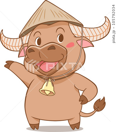 Cartoon character of cute buffalo wearing Vietnamese Conical Hat. 105792034