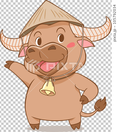 Cartoon character of cute buffalo wearing Vietnamese Conical Hat. 105792034