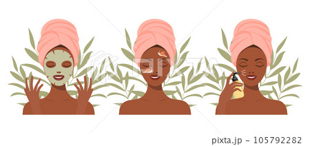 Facial skin care. A woman takes care of her skin. Cosmetic masks, patches, cream, lotion, soap, face mousse. Clip art set, vector 105792282