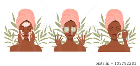 Facial skin care. A woman takes care of her skin. Cosmetic masks, patches, cream, lotion, soap, face mousse. Clip art set, vector 105792283