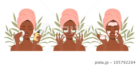 Facial skin care. A woman takes care of her skin. Cosmetic masks, patches, cream, lotion, soap, face mousse. Clip art set, vector 105792284