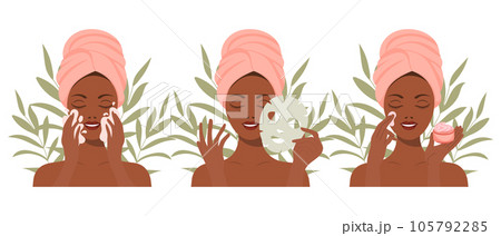 Facial skin care. A woman takes care of her skin. Cosmetic masks, patches, cream, lotion, soap, face mousse. Clip art set, vector 105792285