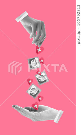Male and female hand over pink background with condoms and medical symbols. Safety. Contemporary art. World sexual health day 105792813