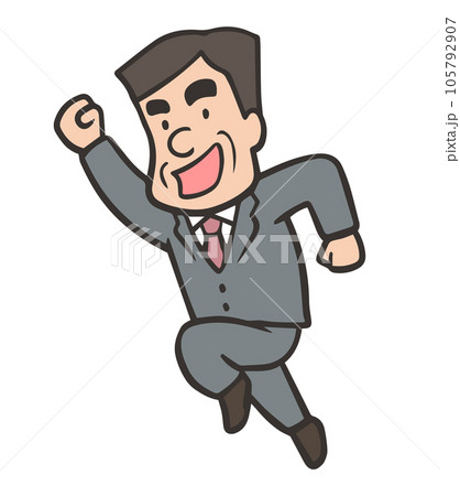 ガッツポーズをしながら飛び跳ねる、スーツを着た会社員の男性 105792907