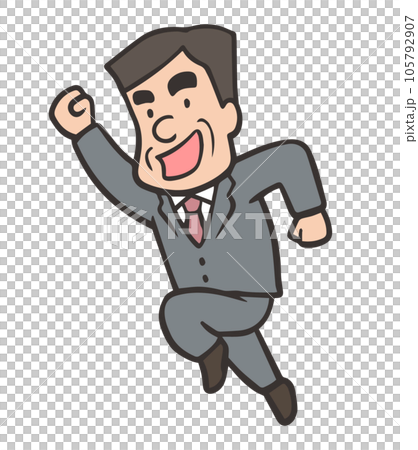 ガッツポーズをしながら飛び跳ねる、スーツを着た会社員の男性 105792907