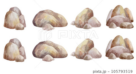 Watercolor set of geological stones, illustrations of stones isolated on a white background. Abstract geometric shapes. Collection of stone concepts. 105793519