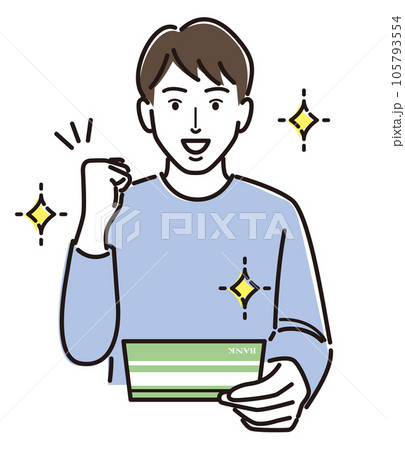 通帳を見てガッツポーズする男性 通帳を見てガッツポーズする男性 105793554