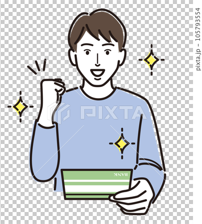 通帳を見てガッツポーズする男性 通帳を見てガッツポーズする男性 105793554