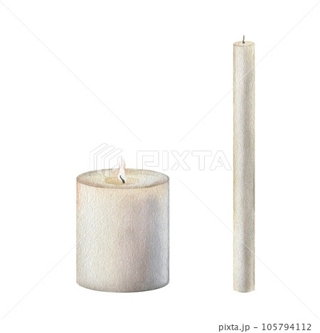 Set of White candles for decorating in Halloween, New Year and Christmas. Watercolor hand painting illustration on isolate white background. Clipart. Aromatherapy and relax in spa and home. Set of White candles for decorating in Halloween, New Year and Christmas. Watercolor hand painting illustration on isolate white background. Clipart. Aromatherapy and relax in spa and home. 105794112