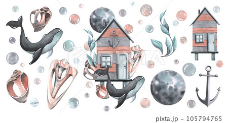Sea cabin striped with whale, moon, shells, algae, bubbles. Watercolor illustration, hand drawn. Set of isolated elements on a white background Sea cabin striped with whale, moon, shells, algae, bubbles. Watercolor illustration, hand drawn. Set of isolated elements on a white background 105794765