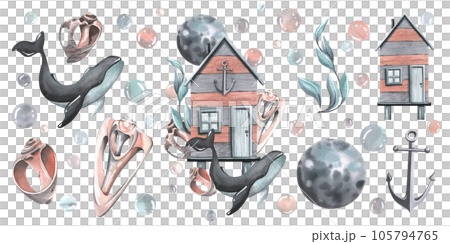 Sea cabin striped with whale, moon, shells, algae, bubbles. Watercolor illustration, hand drawn. Set of isolated elements on a white background 105794765