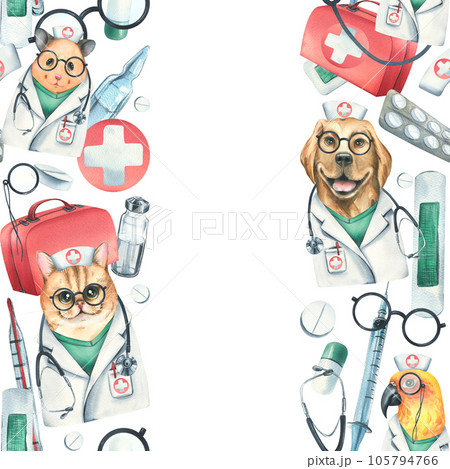 Dog, cat, hamster, parrot doctors in a dressing gown, glasses, with a stethoscope, a suitcase and medical instruments. Watercolor illustration hand drawn. Seamless border template on white background Dog, cat, hamster, parrot doctors in a dressing gown, glasses, with a stethoscope, a suitcase and medical instruments. Watercolor illustration hand drawn. Seamless border template on white background 105794766