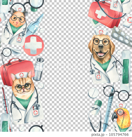 Dog, cat, hamster, parrot doctors in a dressing gown, glasses, with a stethoscope, a suitcase and medical instruments. Watercolor illustration hand drawn. Seamless border template on white background Dog, cat, hamster, parrot doctors in a dressing gown, glasses, with a stethoscope, a suitcase and medical instruments. Watercolor illustration hand drawn. Seamless border template on white background 105794766