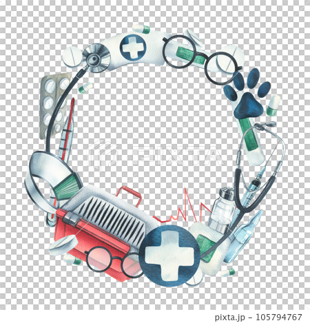 Veterinary equipment. Watercolor illustration hand drawn. For the design and decoration of clinics, hospitals, first-aid posts, pharmacies for animals. Circle frame, wreath on a white background. Veterinary equipment. Watercolor illustration hand drawn. For the design and decoration of clinics, hospitals, first-aid posts, pharmacies for animals. Circle frame, wreath on a white background. 105794767