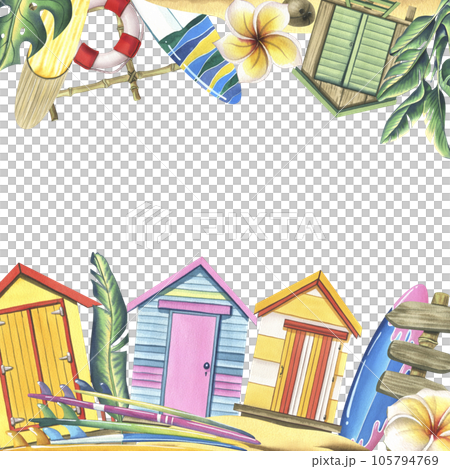 Surfboards, wooden beach cabines, tropical plants and flowers, sandy island. Watercolor illustration hand drawn. Template frame on a white background 105794769