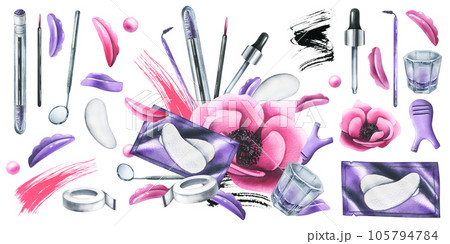 Pink cosmetic bag with beauty master's tools for laminating eyelashes, with brushes, silicone rollers, patches. Watercolor illustration, hand drawn. Set of isolated elements on a white background. Pink cosmetic bag with beauty master's tools for laminating eyelashes, with brushes, silicone rollers, patches. Watercolor illustration, hand drawn. Set of isolated elements on a white background. 105794784