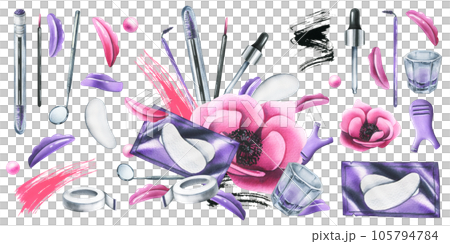 Pink cosmetic bag with beauty master's tools for laminating eyelashes, with brushes, silicone rollers, patches. Watercolor illustration, hand drawn. Set of isolated elements on a white background. Pink cosmetic bag with beauty master's tools for laminating eyelashes, with brushes, silicone rollers, patches. Watercolor illustration, hand drawn. Set of isolated elements on a white background. 105794784