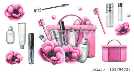 Cosmetic bag with creams, brushes and makeup products pink with flowers. Watercolor illustration, hand drawn for a beauty salon, cosmetics manufacturers. Set of isolated elements on a white background Cosmetic bag with creams, brushes and makeup products pink with flowers. Watercolor illustration, hand drawn for a beauty salon, cosmetics manufacturers. Set of isolated elements on a white background 105794785