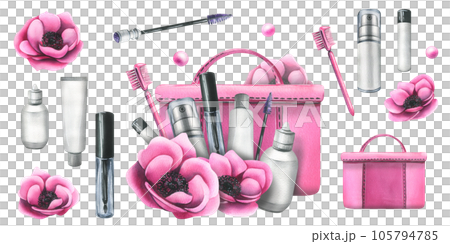 Cosmetic bag with creams, brushes and makeup products pink with flowers. Watercolor illustration, hand drawn for a beauty salon, cosmetics manufacturers. Set of isolated elements on a white background Cosmetic bag with creams, brushes and makeup products pink with flowers. Watercolor illustration, hand drawn for a beauty salon, cosmetics manufacturers. Set of isolated elements on a white background 105794785