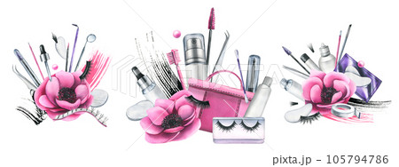 Pink cosmetic bag with tools for artificial eyelash extensions, brushes, false eyelashes, products in bottles. Watercolor illustration, hand drawn. Set of compositions on a white background Pink cosmetic bag with tools for artificial eyelash extensions, brushes, false eyelashes, products in bottles. Watercolor illustration, hand drawn. Set of compositions on a white background 105794786