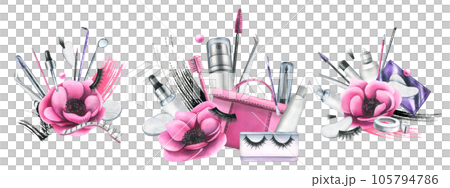 Pink cosmetic bag with tools for artificial eyelash extensions, brushes, false eyelashes, products in bottles. Watercolor illustration, hand drawn. Set of compositions on a white background Pink cosmetic bag with tools for artificial eyelash extensions, brushes, false eyelashes, products in bottles. Watercolor illustration, hand drawn. Set of compositions on a white background 105794786