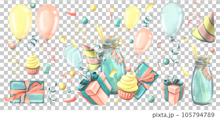 A festive cocktail with straw, cupcake, gifts, a cap, balloons and confetti. Watercolor illustration hand drawn. A set from the HAPPY BIRTHDAY collection. Isolated elements on a white background 105794789