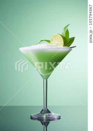 Green Lime Flavored Cocktail Mocktail with Lime Slices Side View Green Lime Flavored Cocktail Mocktail with Lime Slices Side View 105794867