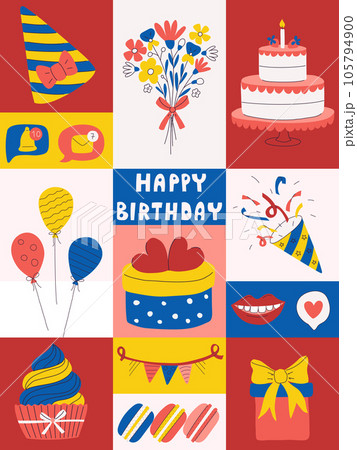 Bright Birthday greeting card. Colorful poster with symbols of holiday, celebration, anniversary. Decoration for festive event with cake, balloons, poppers, bouquet. Flat cartoon vector illustration. Bright Birthday greeting card. Colorful poster with symbols of holiday, celebration, anniversary. Decoration for festive event with cake, balloons, poppers, bouquet. Flat cartoon vector illustration. 105794900