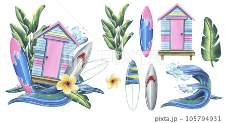 The beach cabin is striped, wooden pink and blue. With surfboards, tropical leaves, plumeria flowers and sea waves. Watercolor illustration, hand drawn. Set of isolated elements on a white background 105794931