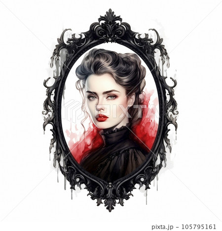 Victorian woman watercolor portrait in black frame. Halloween clipart, isolated. Victorian woman watercolor portrait in black frame. Halloween clipart, isolated. 105795161