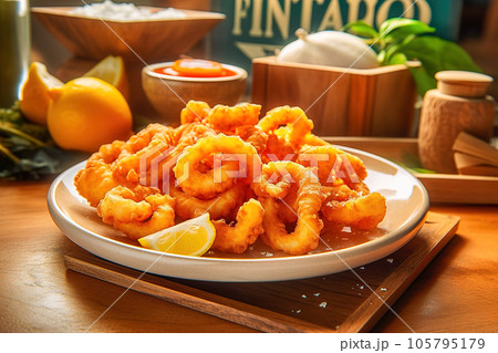 Fried breaded squid with lemon Fried breaded squid with lemon 105795179