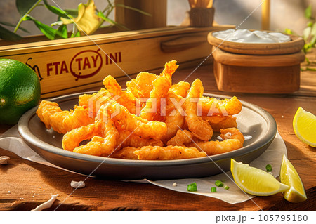 Fried breaded squid with lemon Fried breaded squid with lemon 105795180