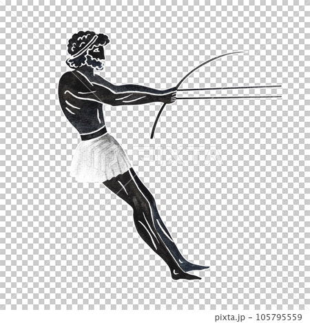 Roman chariot rider. Black and white silhouette. Ancient Greek vase painting style. Hand drawn watercolor illustration. Isolate. For banners, prints and textiles. For packaging. 105795559
