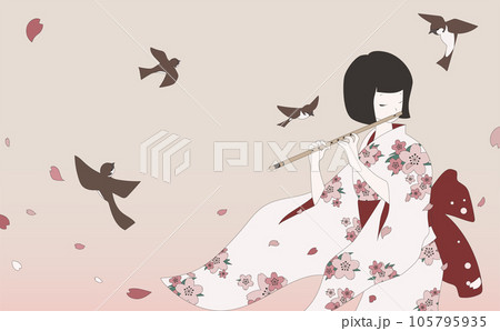 浴衣姿で笛を吹く女性と飛び回るスズメ 105795935