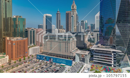 Dubai International Financial district aerial timelapse. Panoramic view of business and financial office towers. Dubai International Financial district aerial timelapse. Panoramic view of business and financial office towers. 105797155