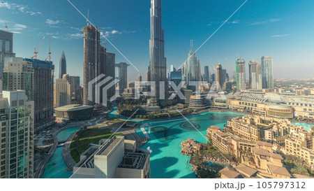 Aerial view of Dubai city all day in downtown. Aerial view of Dubai city all day in downtown. 105797312