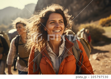 young adult woman traveling, hiking along a small river in tropical nature with other tourists or friends and local people, fictional place. Generative AI. young adult woman traveling, hiking along a small river in tropical nature with other tourists or friends and local people, fictional place. Generative AI. 105797530