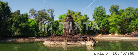 Jayatataka monument, a historic Hindu royal temple with added Buddhist symbols, located on an island in the center of baray, mirroring the sacred Himalayan lake Anavatapta. 105797869