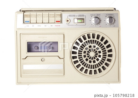 Retro portable stereo cassette tape recorder from 80s. English translation Retro portable stereo cassette tape recorder from 80s. English translation 105798218