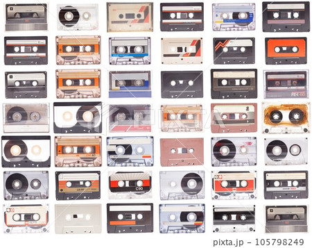 Collage of various vintage audio cassettes tapes Collage of various vintage audio cassettes tapes 105798249